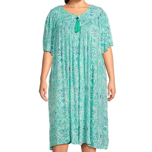 Go Softly Crinkle Rayon Zip Patio Dress | Plus 3x, Teal Tile Mumu Caftan NEW - Picture 2 of 6